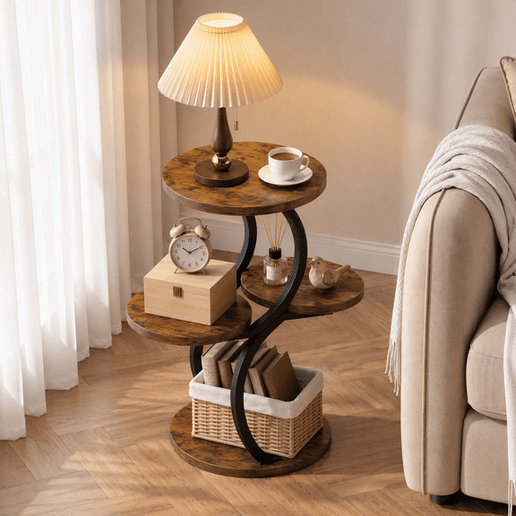 Biemlerfn 4-Tier Round Side Table, Small End Table with Metal Frame, Wood Nightstand for Patio, Sofa, Living Room & Bedroom, Brown