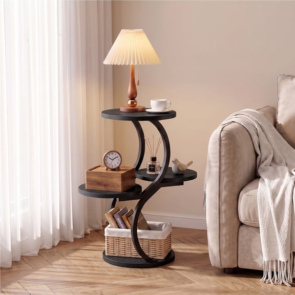 Biemlerfn 4-Tier Round Side Table, Small End Table with Metal Frame, Wood Nightstand for Patio, Sofa, Living Room & Bedroom, Black