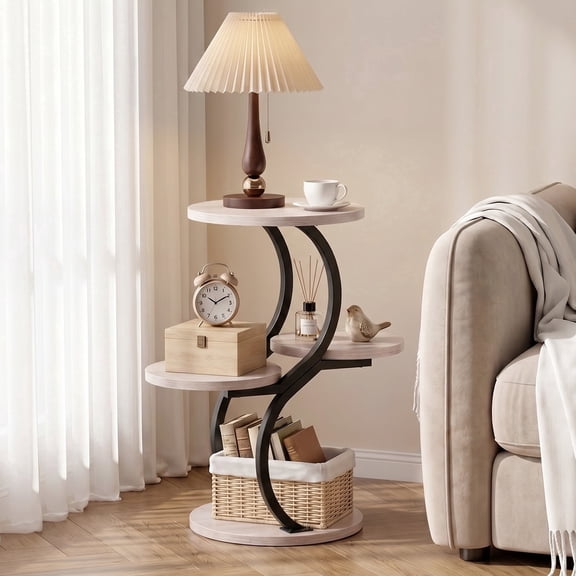 Biemlerfn 4-Tier Round Side Table, Small End Table with Metal Frame, Wood Nightstand for Patio, Sofa, Living Room & Bedroom, White Maple