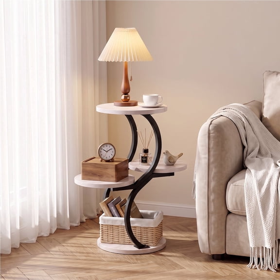Biemlerfn 4-Tier Round Side Table, Small End Table with Metal Frame, Wood Nightstand for Patio, Sofa, Living Room & Bedroom, White Maple