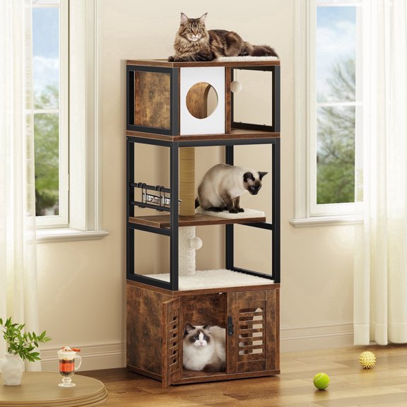 Biemlerfn 58.27" Cat Tree with Litter Box Enclosure, Multi-Level Cat Tower with Elevated Perch & Feeding Station, Scratching Post, Anti-Tip Design for Indoor Cats
