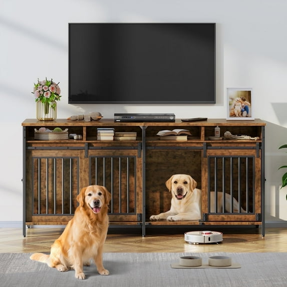 Biemlerfn 78.74'' Double Dog Crate Furniture with Removable Divider and 4 Compartments(Brown)
