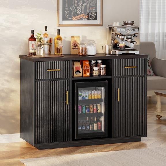 Biemlerfn 55" Coffee Bar Cabinet with Mini Fridge Space, Sideboard Buffet Table & Liquor Cabinet with Power Outlet, Kitchen Hutch with Wine Glass Holder, Black