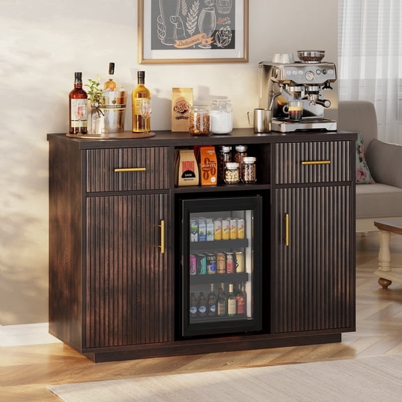 Biemlerfn 55" Coffee Bar Cabinet with Mini Fridge Space, Sideboard Buffet Table & Liquor Cabinet with Power Outlet, Kitchen Hutch with Wine Glass Holder, Brown