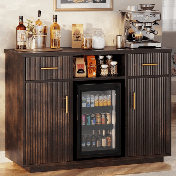 Biemlerfn 55" Coffee Bar Cabinet with Mini Fridge Space, Sideboard Buffet Table & Liquor Cabinet with Power Outlet, Kitchen Hutch with Wine Glass Holder, Brown