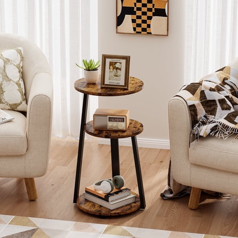 Biemlerfn End Side Table, Round Sofa Table with Metal Frame, 3-Tier Coffee Table Nightstand for Home, Black&Brown