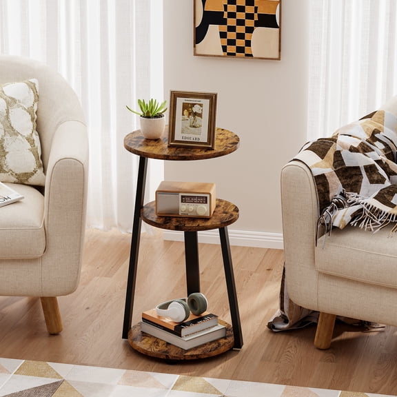 Biemlerfn End Side Table, Round Sofa Table with Metal Frame, 3-Tier Coffee Table Nightstand for Home, Black&Brown