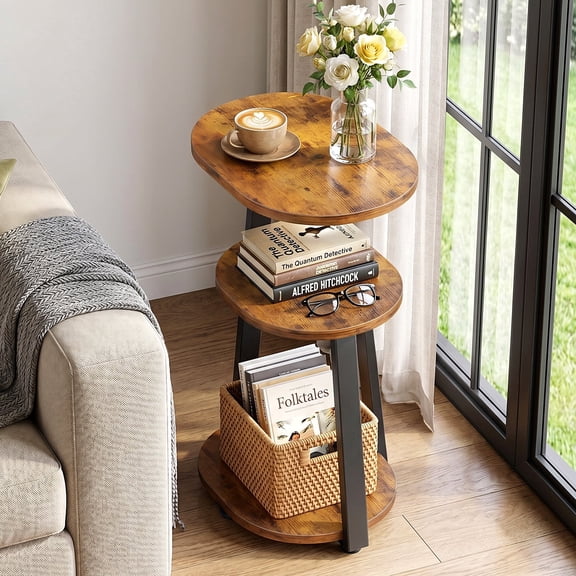 Biemlerfn 3-Tier Side Table, Small Round End Table with Metal Frame, Sofa Table Nightstand for Living Room, Bedroom, Black&Brown
