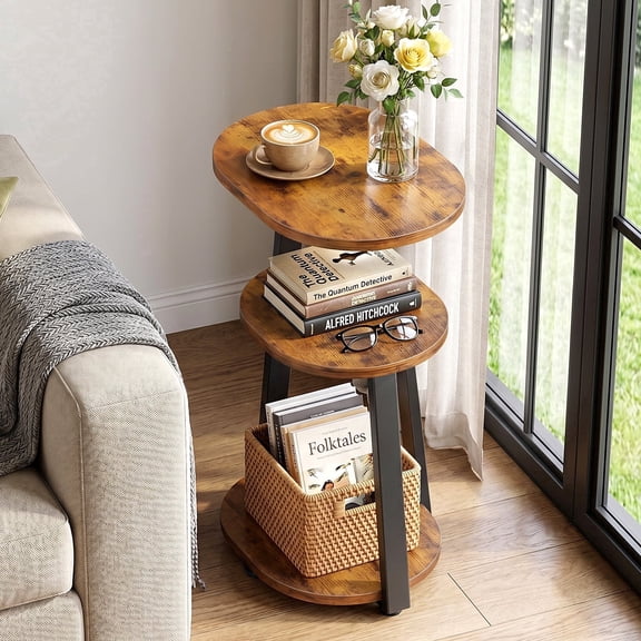 Biemlerfn 3-Tier Side Table, Small Round End Table with Metal Frame, Sofa Table Nightstand for Living Room, Bedroom, Black&Brown