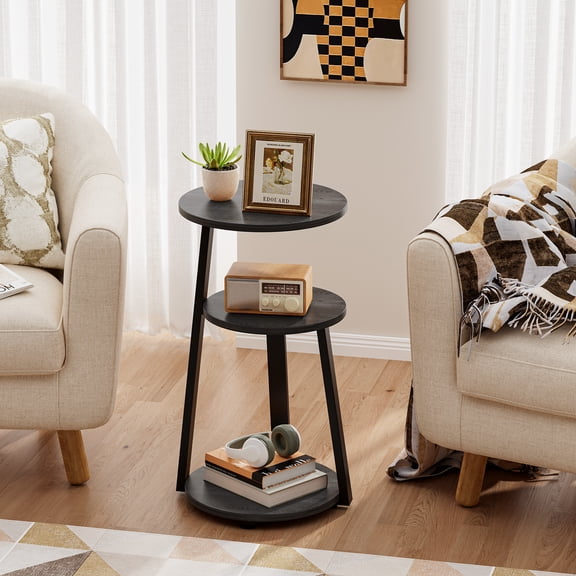 Biemlerfn End Side Table, Round Sofa Table with Metal Frame, 3-Tier Coffee Table Nightstand for Home, Black&Grey