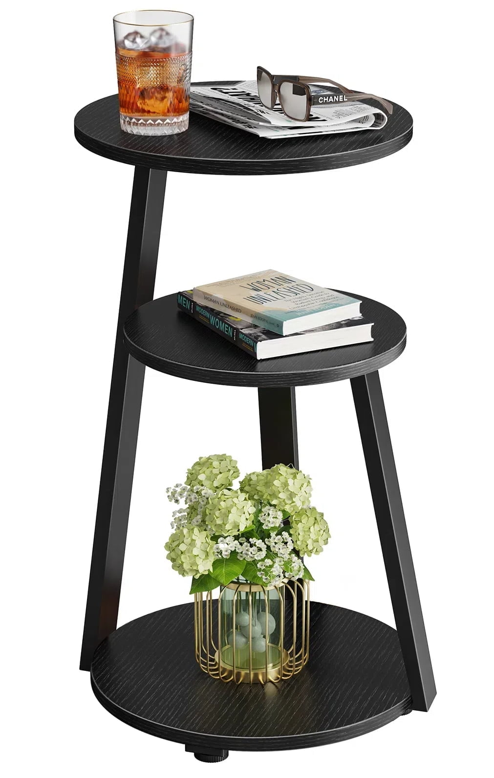 Black Round Metal 3-Tier Side Table