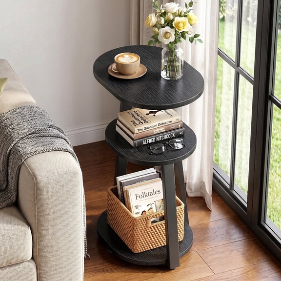 Biemlerfn 3-Tier Side Table, Small Round End Table with Metal Frame, Sofa Table Nightstand for Living Room, Bedroom, Black