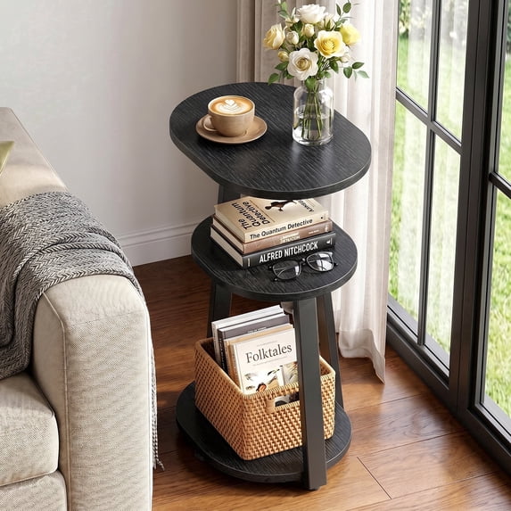 Biemlerfn 3-Tier Side Table, Small Round End Table with Metal Frame, Sofa Table Nightstand for Living Room, Bedroom, Black