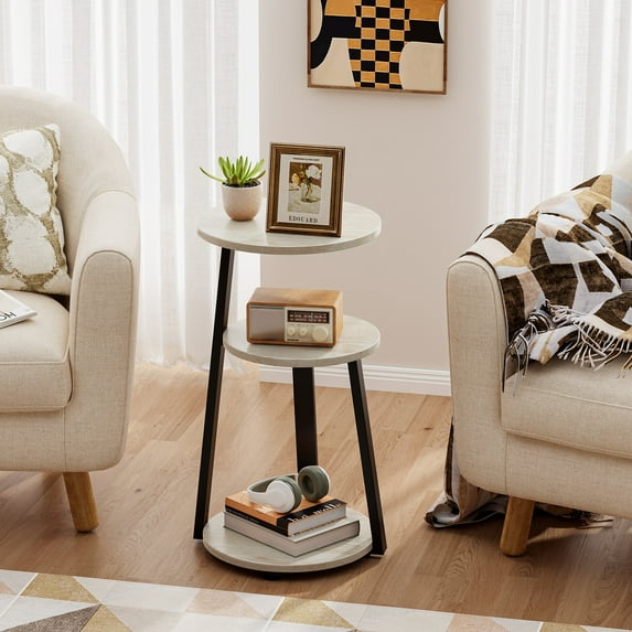 Biemlerfn End Side Table, Round Sofa Table with Metal Frame, 3-Tier Coffee Table Nightstand for Home, White Maple