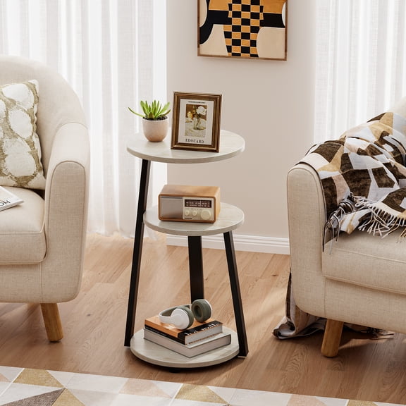Biemlerfn End Side Table, Round Sofa Table with Metal Frame, 3-Tier Coffee Table Nightstand for Home, White Maple