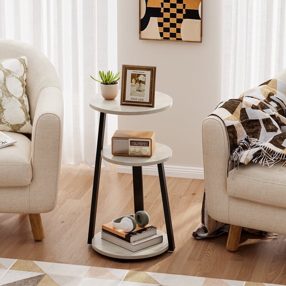 Biemlerfn End Side Table, Round Sofa Table with Metal Frame, 3-Tier Coffee Table Nightstand for Home, White Maple