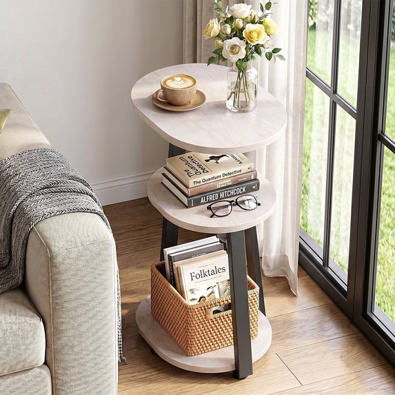 Biemlerfn 3-Tier Side Table, Small Round End Table with Metal Frame, Sofa Table Nightstand for Living Room, Bedroom, White Maple