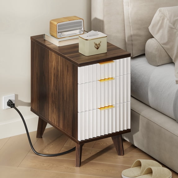 Biemlerfn End Table with Charging Station, Narrow Side Table for Living Room, Sofa Side Table with 3 Drawer and Storage Cabinet, Small Nightstand for Home Office