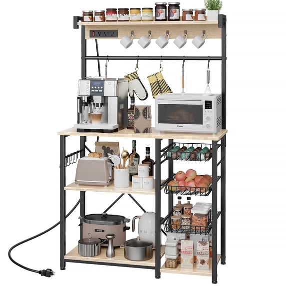 Biemlerfn 39" Wide Large Bakers Rack with Power Outlets, 5 Tiers Coffee Bar Table with 3 Wire Basket, 15 Hooks, Microwave Stand Kitchen Storage Shelf, White Oak