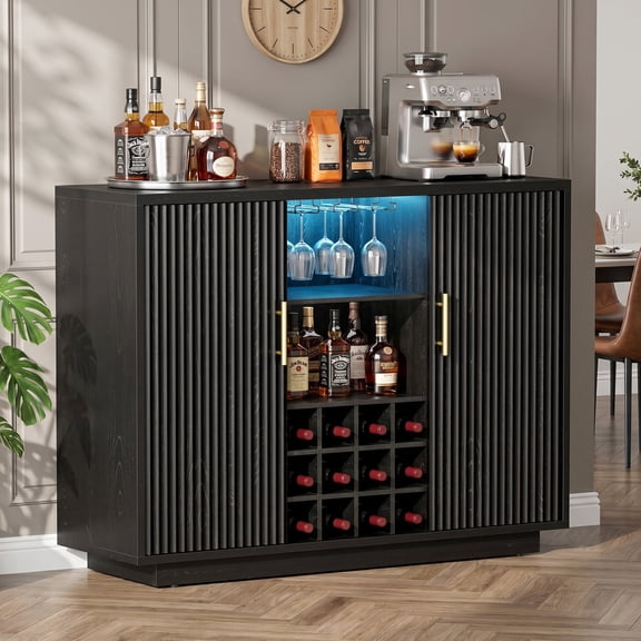 Biemlerfn RGB Wine Bar Cabinet with Built-in Charging Station, Modern Coffee Bar Cabinet with Wine Rack and Glass Holder, Fluted Liquor Cabinet with Storage for Home, Black