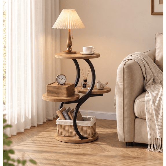 Biemlerfn 4-Tier Round Side Table, Small End Table with Metal Frame, Wood Nightstand for Patio, Sofa, Living Room & Bedroom, Brown