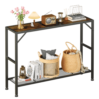 Biemlerfn Narrow Console Table, 11.22" Entryway Table Hallway Table with Storage Shelves, Sofa Table for Living Room, Foyer, Rustic Brown
