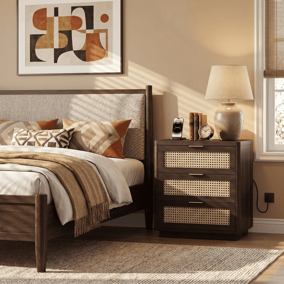 Biemlerfn Nightstand with Charging Station, 3 Drawers Bedside Table, Rattan End Table, Farmhouse Side Table for Bedroom, Living Room, Brown