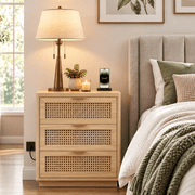 Biemlerfn 3 Drawers Nightstand ,Accent End Table with Charging Station, Rattan Side Table for Bedroom, Living Room, Natural Wood