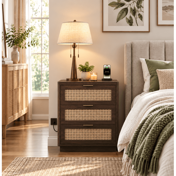 Biemlerfn Nightstand with Charging Station, 3 Drawers Bedside Table, Rattan End Table, Farmhouse Side Table for Bedroom, Living Room, Brown