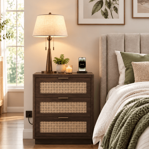 Biemlerfn 3 Drawers Nightstand ,Accent End Table with Charging Station, Rattan Side Table for Bedroom, Living Room, Brown