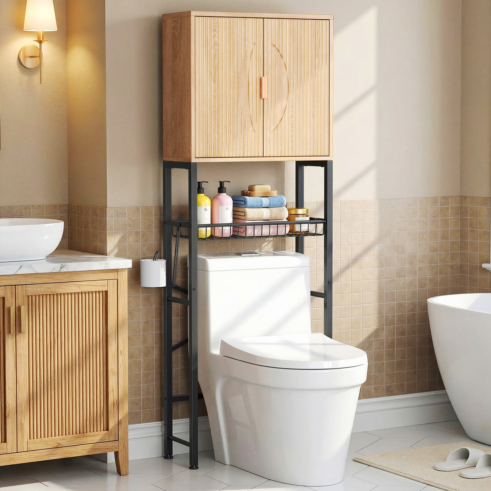 Biemlerfn Over the Toilet Storage Cabinet, Bathroom Storage Organizer with Adjustable Shelf, Toilet Paper Holder & Hooks, Freestanding Space Saver, Natural