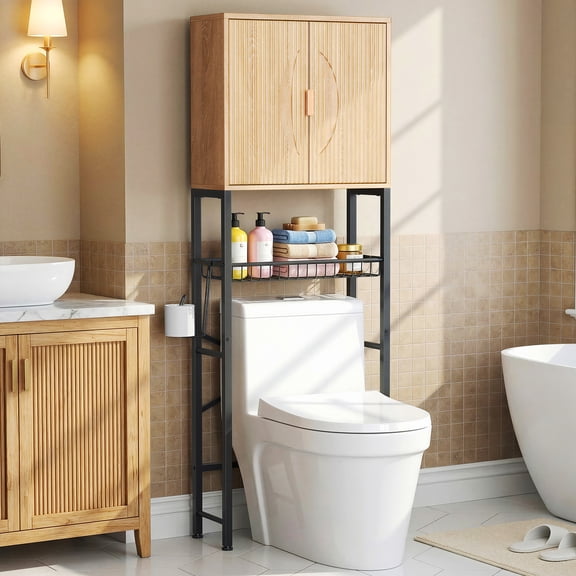 Biemlerfn Over the Toilet Storage Cabinet, Bathroom Storage Organizer with Adjustable Shelf, Toilet Paper Holder & Hooks, Freestanding Space Saver, Natural