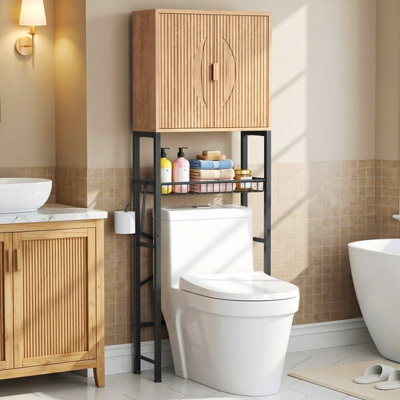Biemlerfn Over the Toilet Storage Cabinet, Bathroom Storage Organizer with Adjustable Shelf, Toilet Paper Holder & Hooks, Freestanding Space Saver, Natural