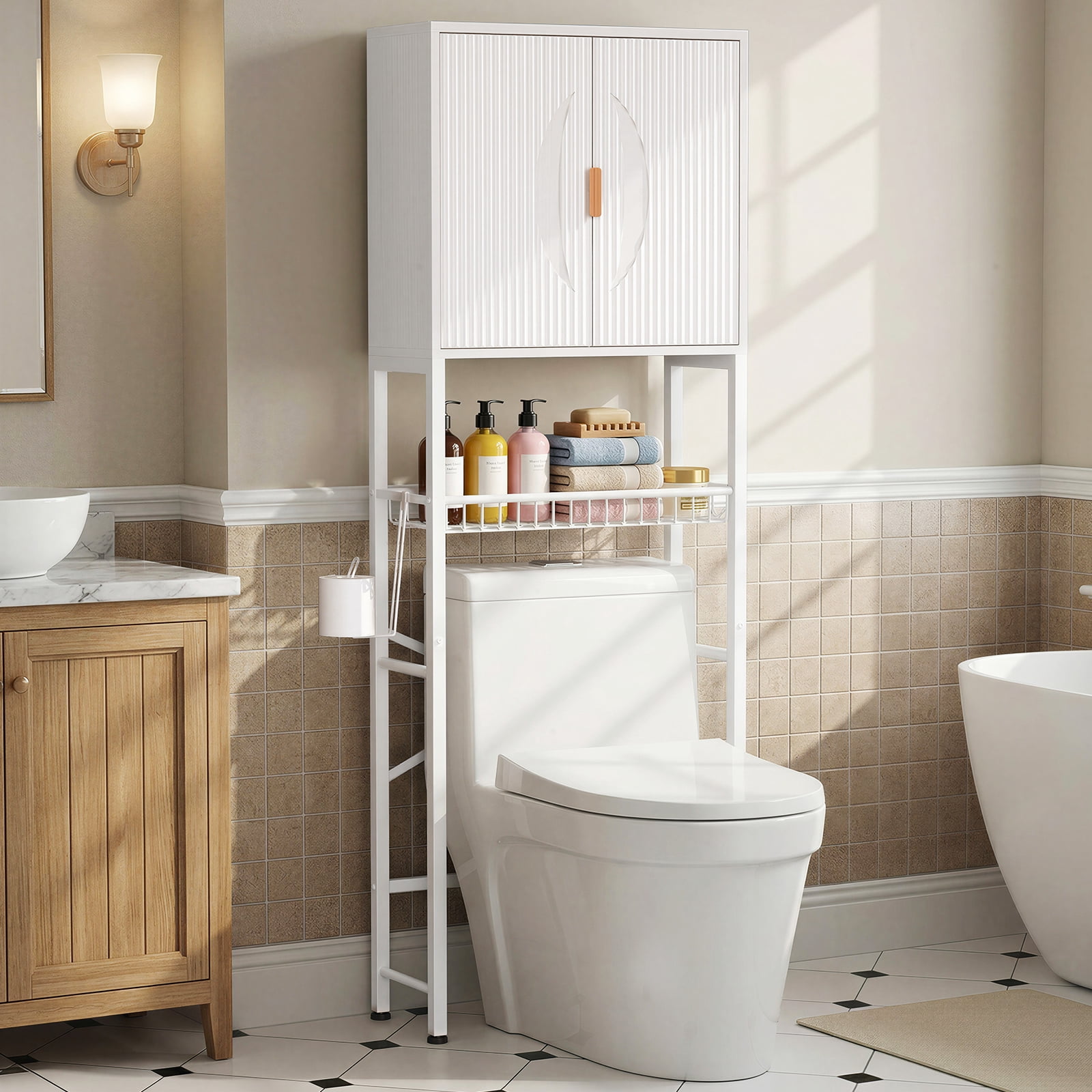 Biemlerfn Over the Toilet Storage Cabinet, Bathroom Storage Organizer with Adjustable Shelf, Toilet Paper Holder & Hooks, Freestanding Space Saver, White