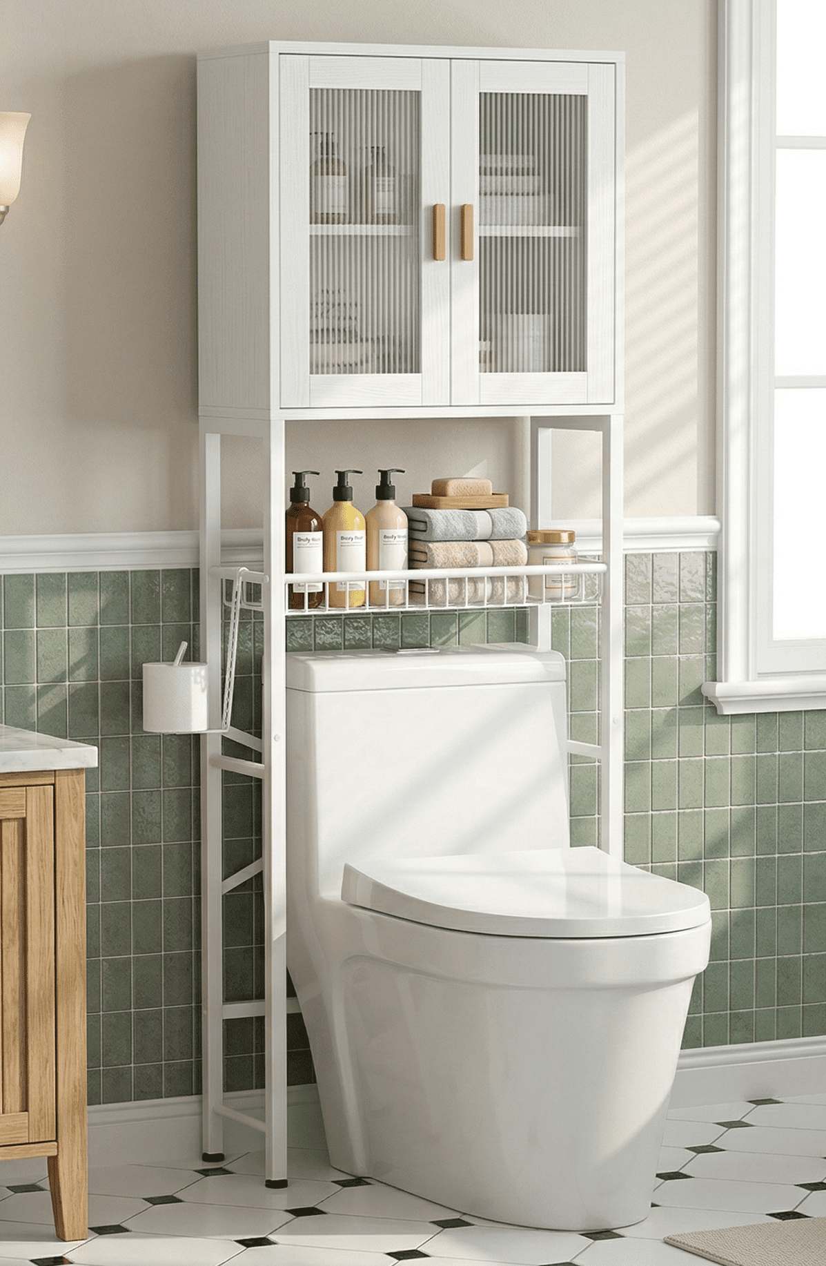 Biemlerfn Over The Toilet Storage Shelf, 3-Tier Wooden Bathroom Organizer Freestanding Space Saver with Toilet Paper Holder and 3 Hooks, Black