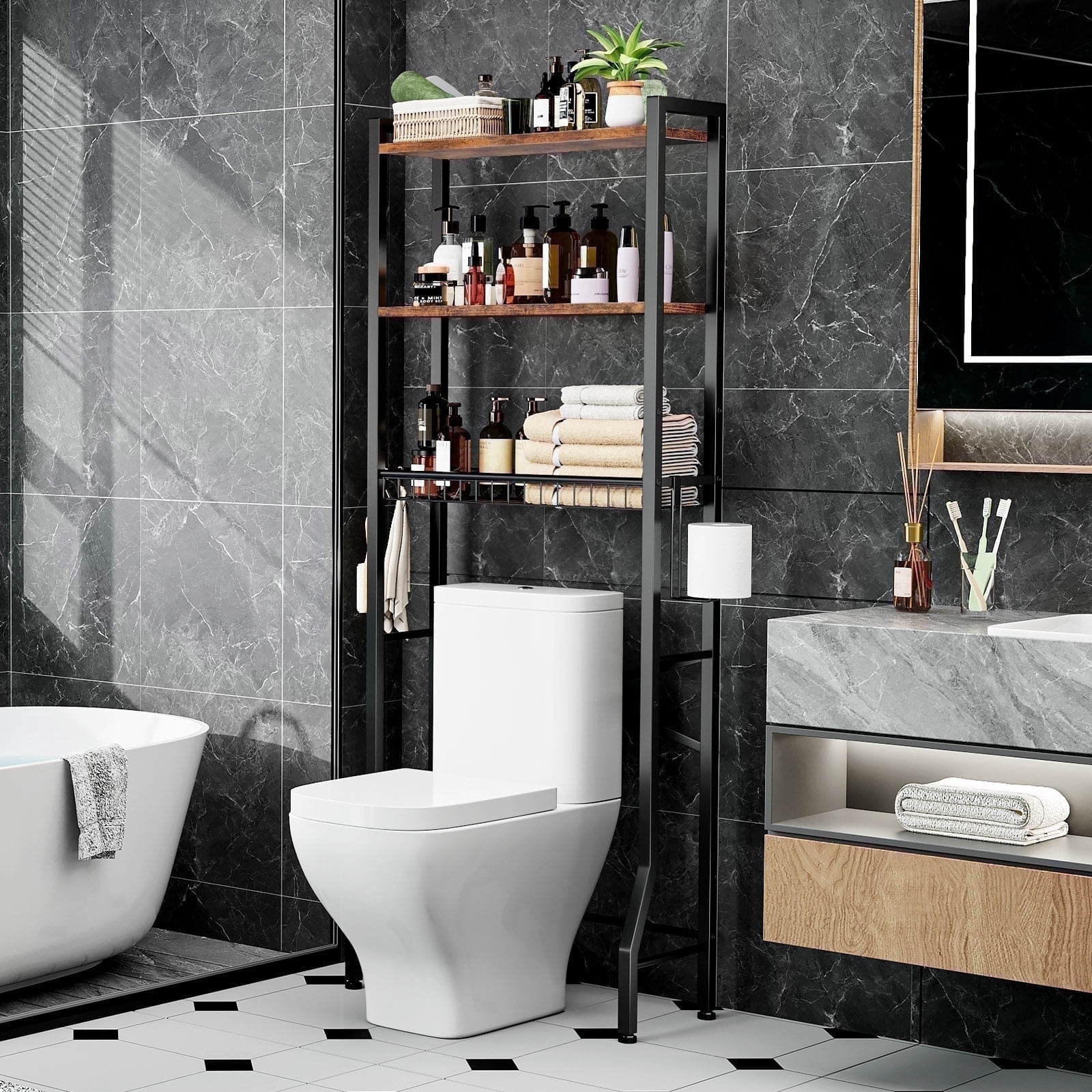 Biemlerfn Over The Toilet Storage Shelf, 3-Tier Wooden Bathroom Organizer Freestanding Space Saver with Toilet Paper Holder and 3 Hooks, Brown