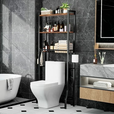 Biemlerfn Over The Toilet Storage Shelf, 3-Tier Wooden Bathroom Organizer Freestanding Space Saver with Toilet Paper Holder and 3 Hooks, Brown
