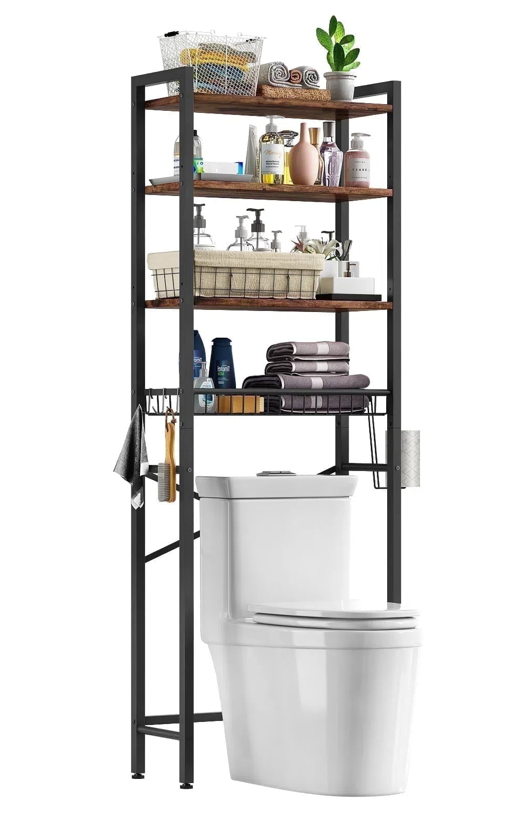 Biemlerfn Over The Toilet Storage Shelf, 4-Tier Wooden Bathroom Organizer Adjustable Saver Space Rack with Toilet Paper Holder, Vintage Brown - Walmart.com