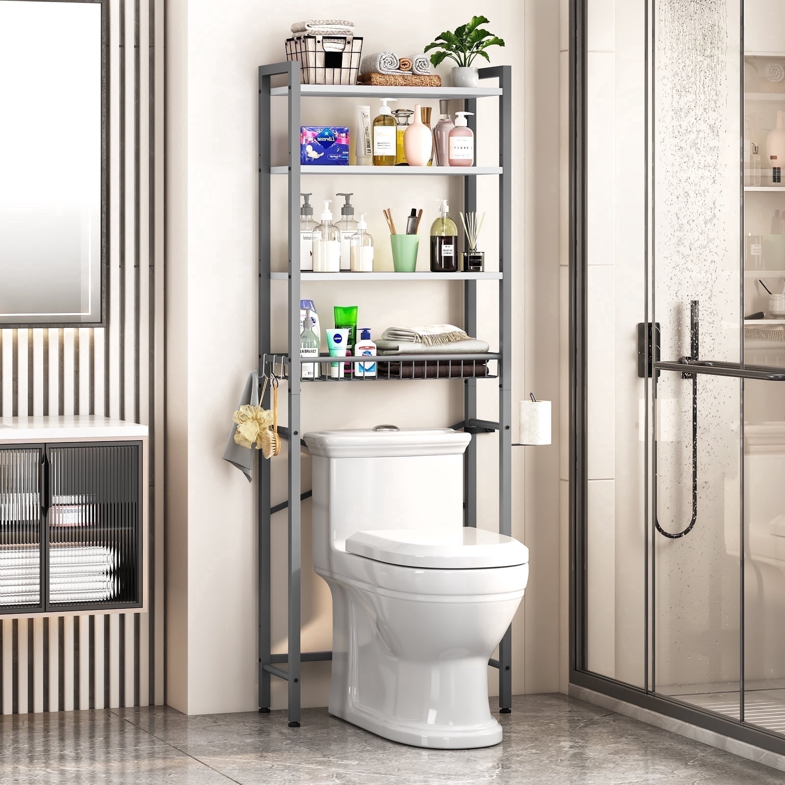 Biemlerfn Over The Toilet Storage Shelf, 4-Tier Wooden Bathroom Organizer Adjustable Saver Space Rack with Toilet Paper Holder, Gray&White