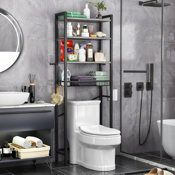 Biemlerfn Over The Toilet Storage Shelf, 4-Tier Wooden Bathroom Organizer Adjustable Saver Space Rack with Toilet Paper Holder, Natural Gray