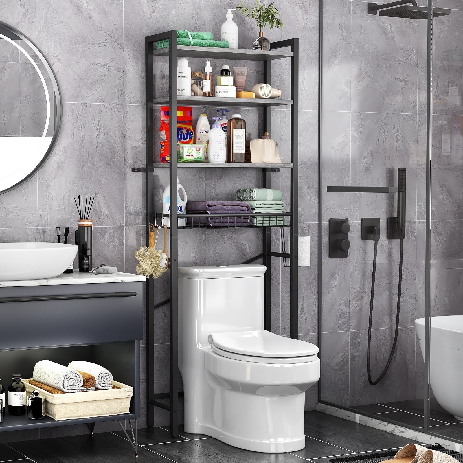 Biemlerfn Over The Toilet Storage Shelf, 4-Tier Wooden Bathroom Organizer Adjustable Saver Space Rack with Toilet Paper Holder, Natural Gray