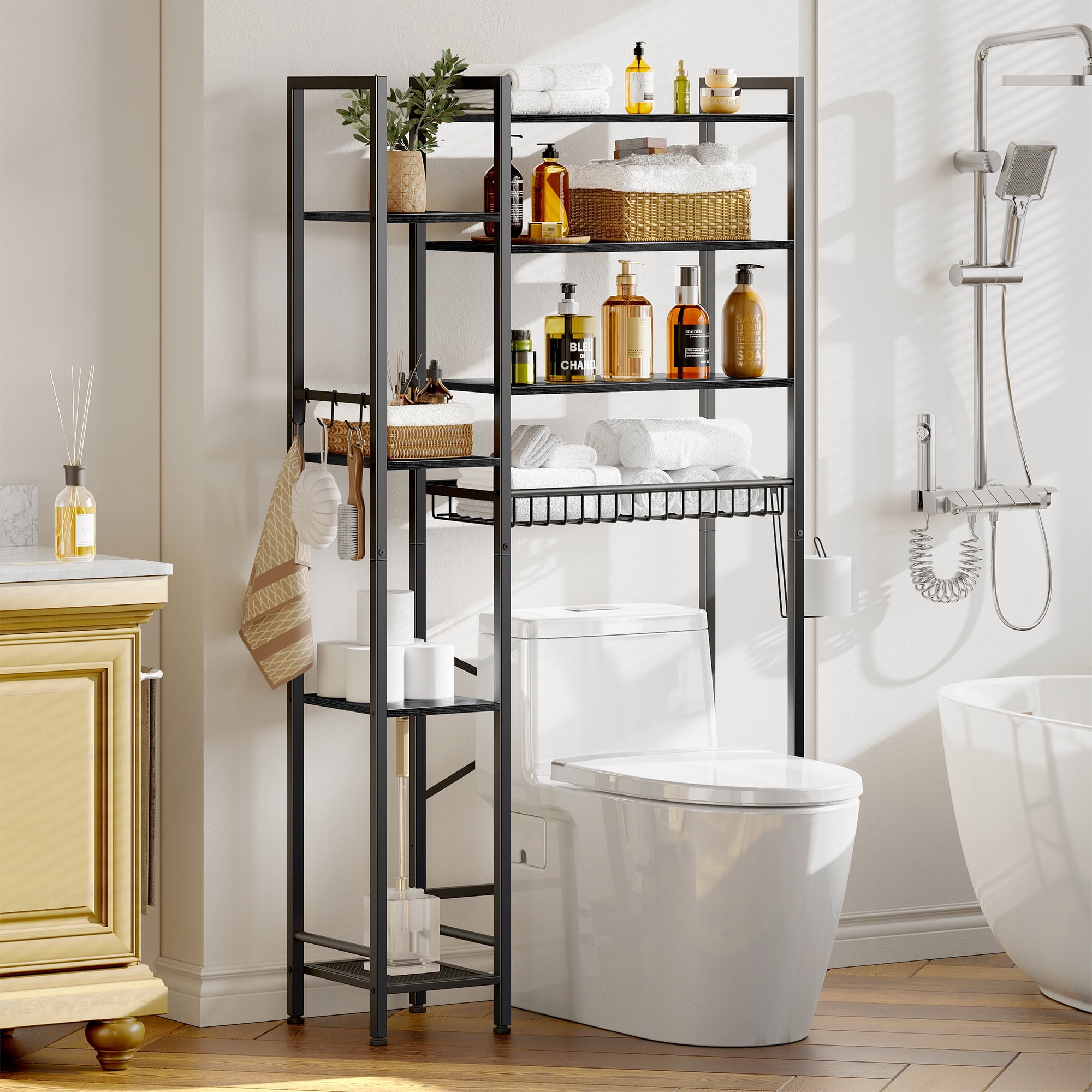 Biemlerfn 8-Tier Over the Toilet Rack, Bathroom Storage Organizer with Adjustable Shelves, Toilet Paper Holder & Hooks, Black