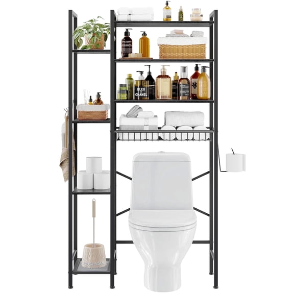 Biemlerfn Over The Toilet Storage Shelf, 8-Tier Wooden Bathroom Organizer Adjustable Saver Space Rack with Toilet Paper Holder, Black
