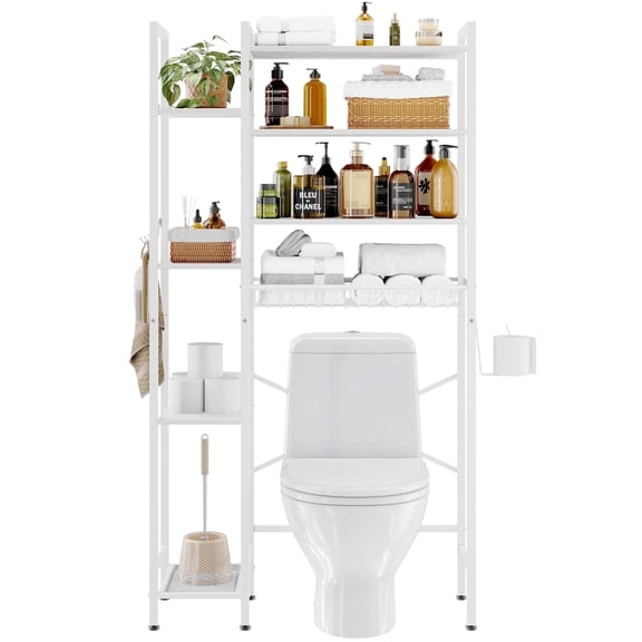 Biemlerfn Over The Toilet Storage Shelf, 8-Tier Wooden Bathroom Organizer Shelf Adjustable Saver Space Rack with Toilet Paper Holder, White