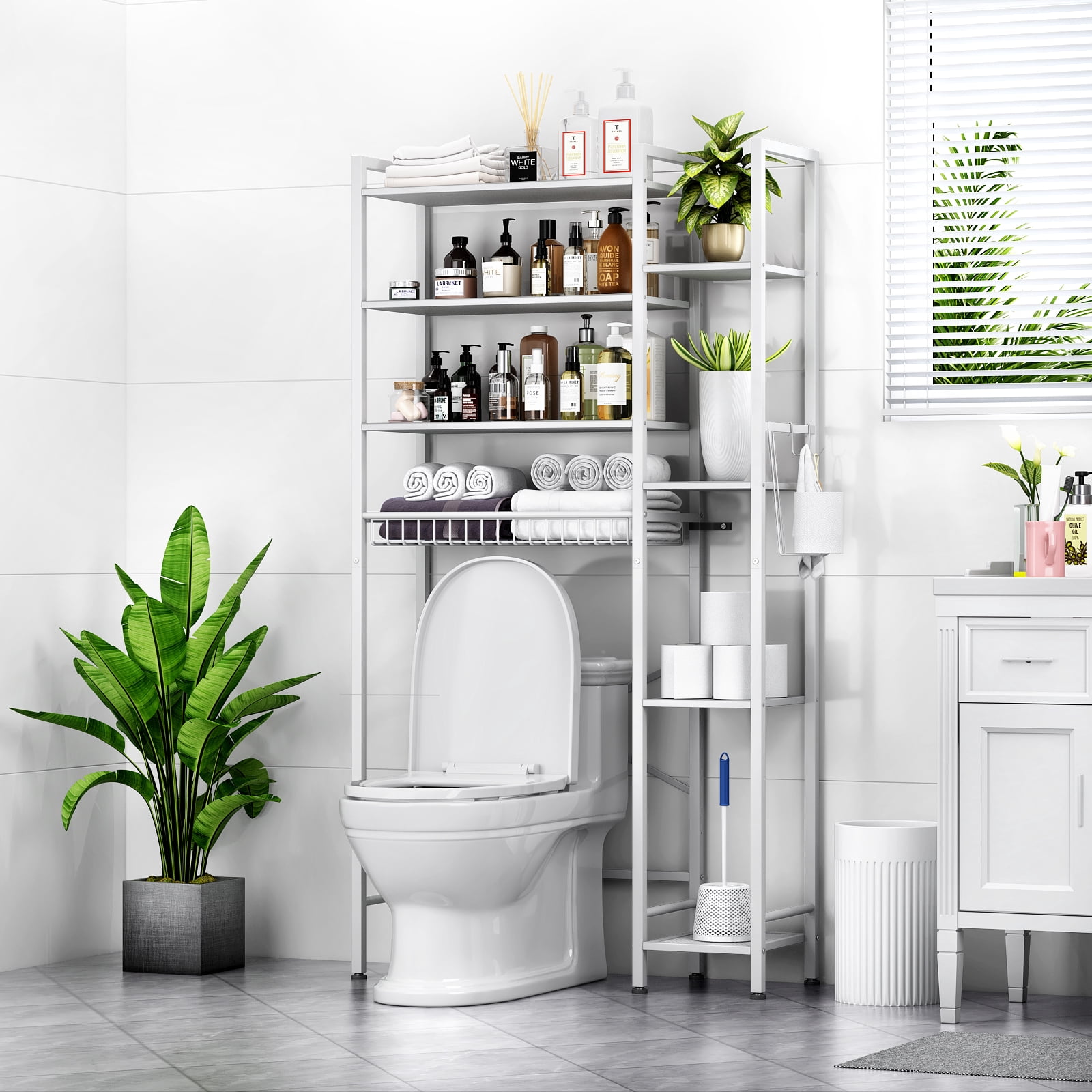 Biemlerfn 8-Tier Over the Toilet Rack, Bathroom Storage Organizer with Adjustable Shelves, Toilet Paper Holder & Hooks, White
