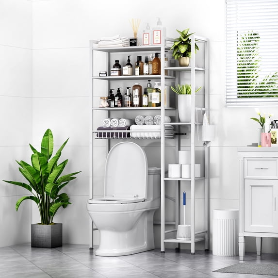 Biemlerfn 8-Tier Over the Toilet Rack, Bathroom Storage Organizer with Adjustable Shelves, Toilet Paper Holder & Hooks, White