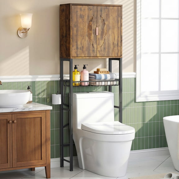 Biemlerfn Over The Toilet Storage Cabinet with Double Doors, Bathroom Space Saver with Basket and Paper Holder, Freestanding Storage Organizer, Adjustable Shelf and Bottom Rail, Brown