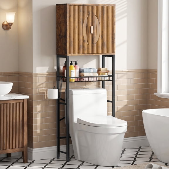 Biemlerfn Over the Toilet Storage Cabinet, Bathroom Storage Organizer with Adjustable Shelf, Toilet Paper Holder & Hooks, Freestanding Space Saver, Brown