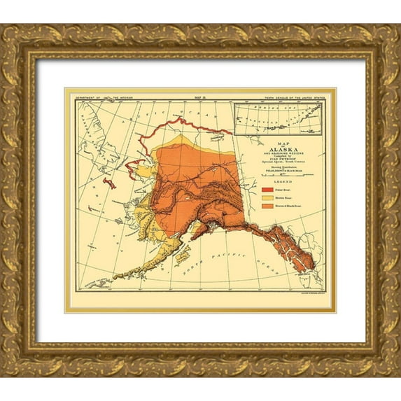 Bien 23x20 Gold Ornate Wood Framed with Double Matting Museum Art Print Titled - Alaska Bear Habitat - Bien 1882