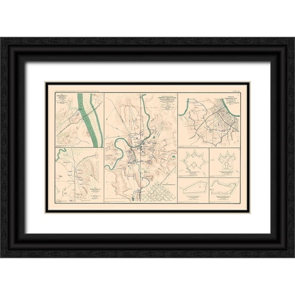 Bien 32x21 Black Ornate Wood Framed with Double Matting Museum Art Print Titled - Defenses Forts 8 Views - Bien 1894